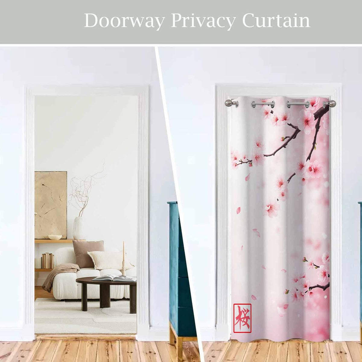 Haciadan Pink Floral Sliding Door Curtain Japan Cherry Branch Blooming Flowers Doorway Curtain 1 Panel 34" W X 80" L Door Drape for Kitchen Restaurant