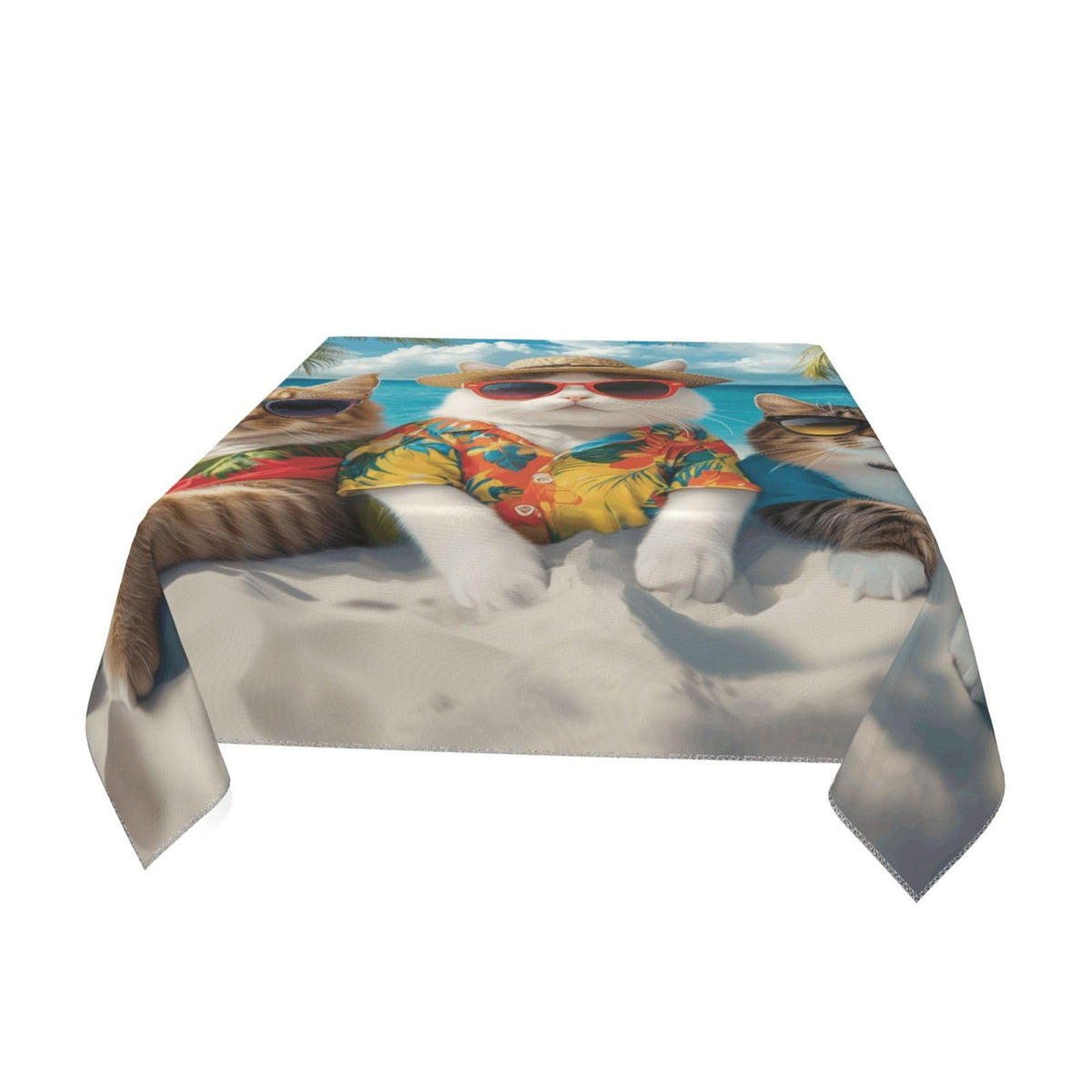 Entemne Square Table Cloth 55x55 Inch Funny Animal Cat Sea Beach Tablecloth Washable Soft Wrinkle Free Dust Proof Card Table Cover for Tea Party Picnic Kitchen Dining Decor