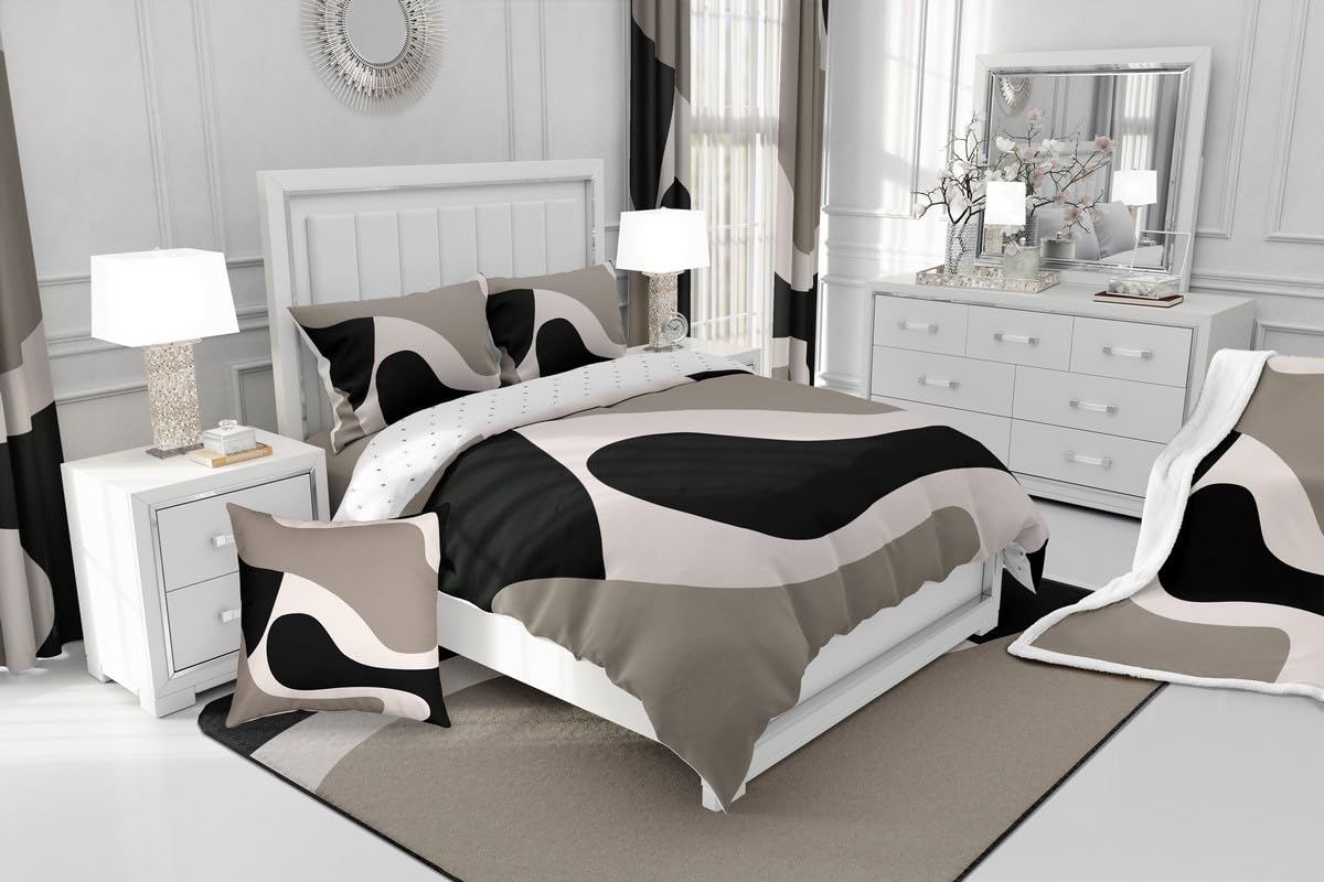Erosebridal Black Beige Striped Comforter Set Queen Size,Boho Modern Geometric Abstract Bedding for Women Men Adults, Stripes Bold Lines Quilt,Minimalist Stylish Art Bedding Comforter Sets