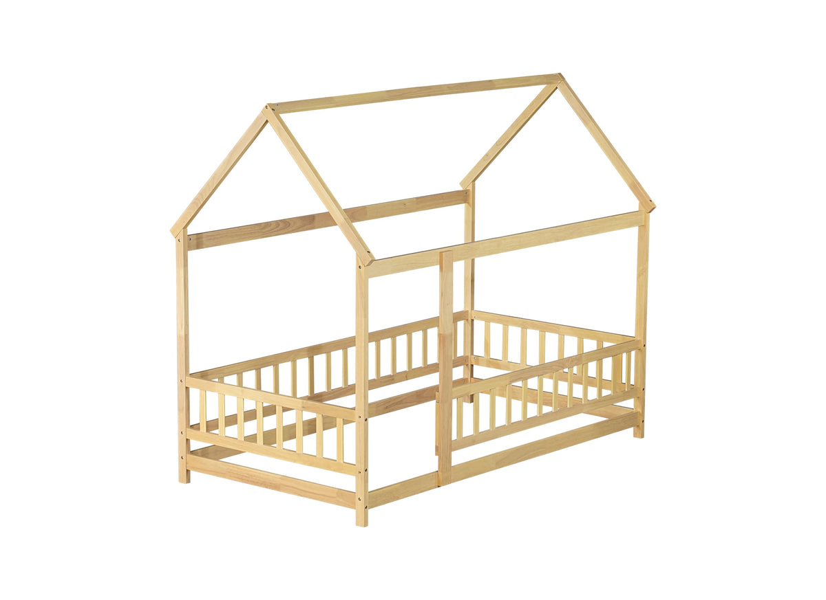 PVWIIK Twin Montessori Floor Bed with High Rails & Roof for Kids Bedroom,High Rails Bed Frame with Fence,No Box Spring Needed, Natural