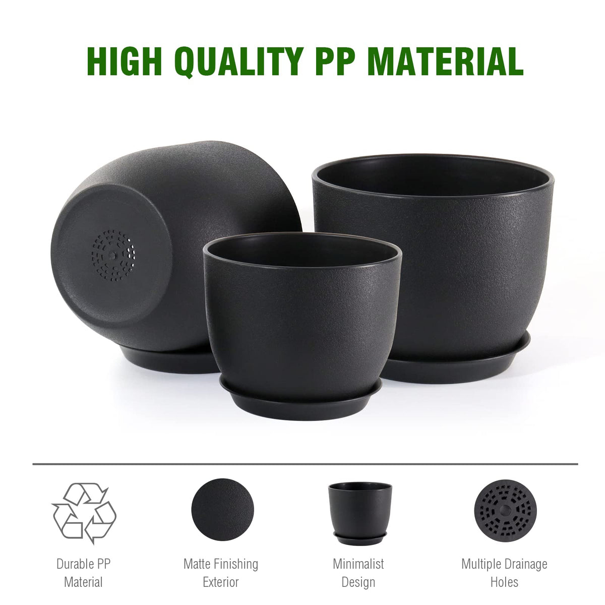 WSMKSZ 10/9/8 inch Medium Plant Pots, 3 Pack Modern Decorative Plastic Planters with Drainage Holes and Saucers, Flower Pots for Indoor Outdoor Plants, Black