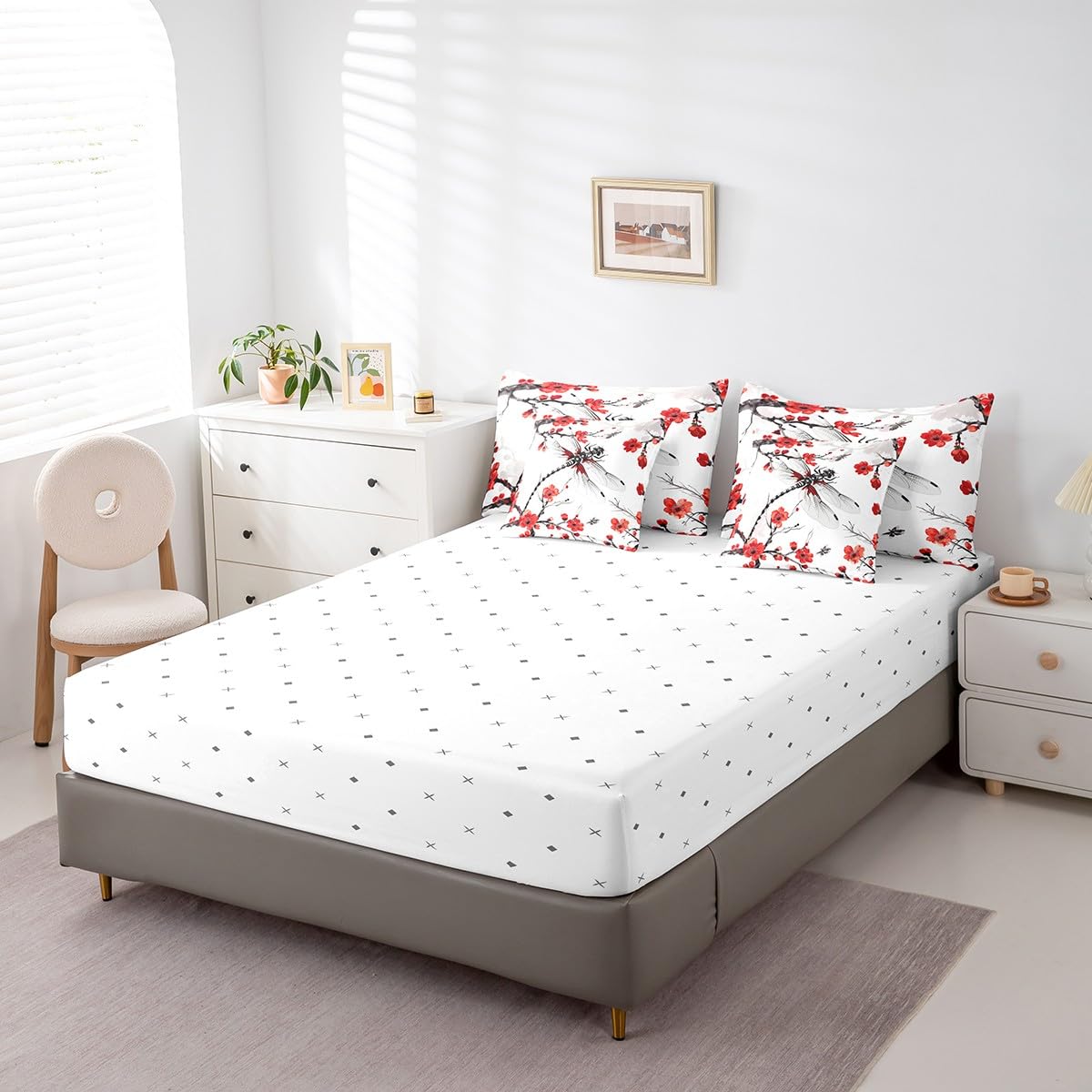 Erosebridal Red Floral Flower Comforter Set Queen,Hippie Dragonfly Bedding Set 7Pcs for Kids Boys Girls,Spring Cherry Blossom Bed in a Bag
