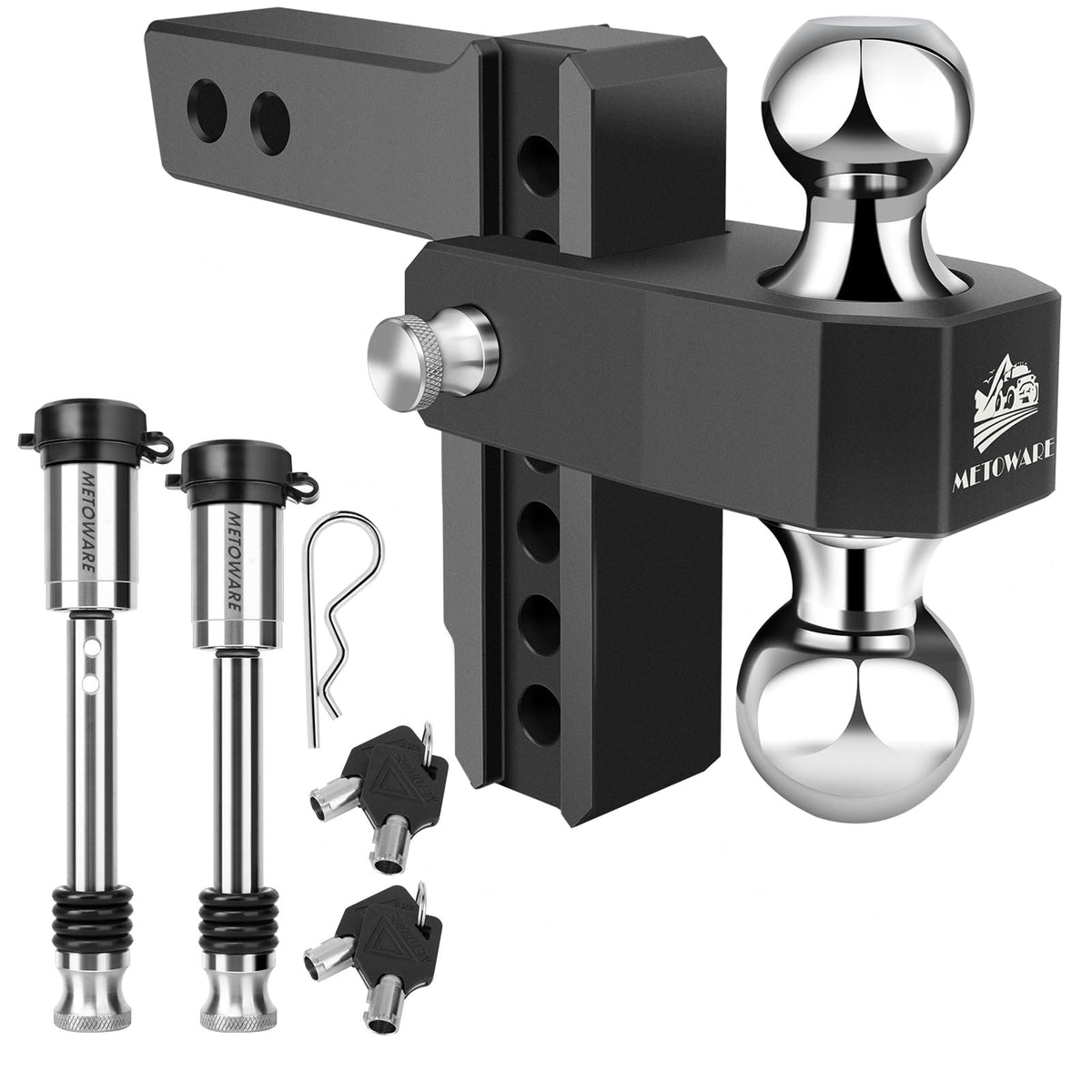 METOWARE Adjustable Trailer Hitch - Aluminum Drop Hitch Fits 2-Inch Receiver - Heavy Duty Trailer Hitch with 6-Inch Drop/Rise for Truck (12,500 LBS GTW), Double Stainless Steel Hitch Lock(Black)