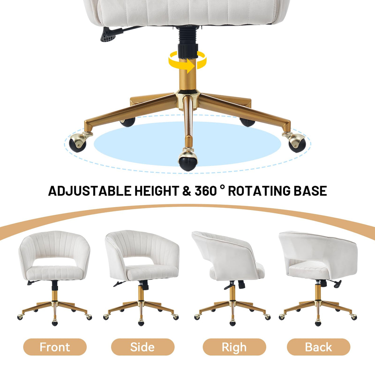 FENFSHE Home Office Desk Chair, Vanity Chair with Back 360 Swivel Armchair and Gold Base, Velvet Criss Cross Chair with Wheels for Vanity Home Office, Living Room, Bedroom and Study (Beige)
