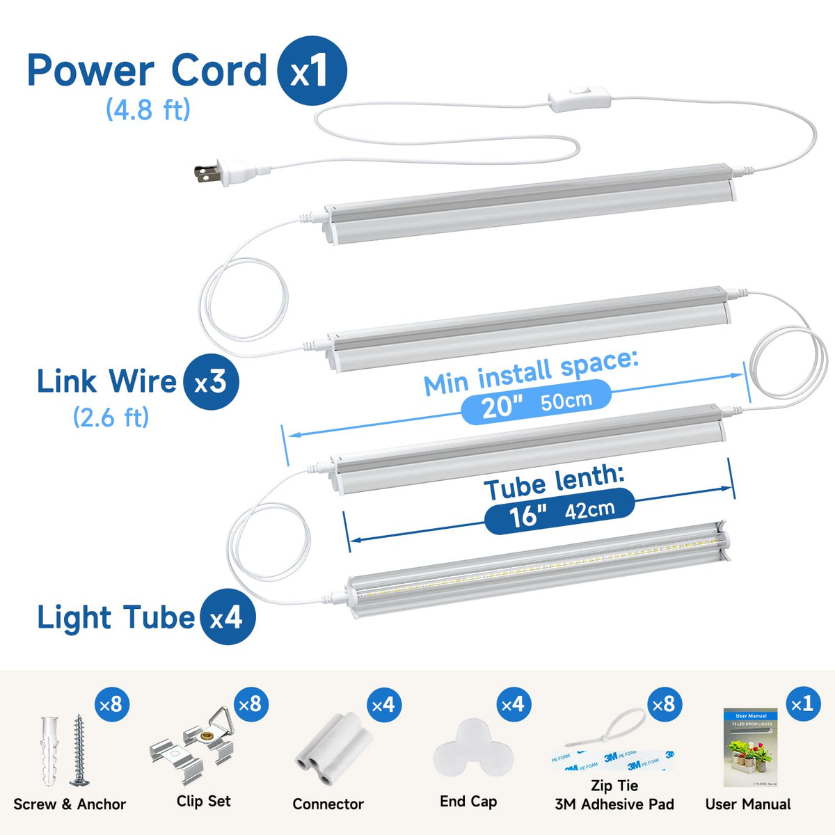 Plant Lights for Indoor Growing Seedlings - 16 in Long, 4-Count (10W x4) Full Spectrum T5 Grow Light Bars for Seed Starting, 4000K White LED Grow Lamp w/Reflectors for Shelf/Rack