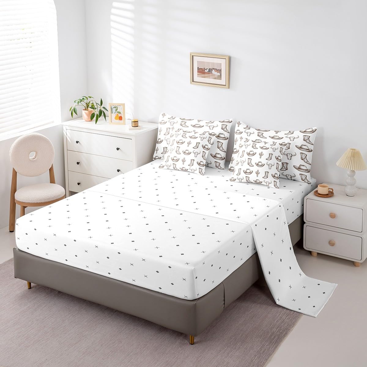 jejeloiu West Cowboy Comforter Set with Sheets Twin Size Kids Cow Skull Brown 7 Pieces Bedding Set for Boys Girls Teens Cactus Hat Boots Bed in a Bag Breathable Rodeo Cowboy Bed Set Room Decor