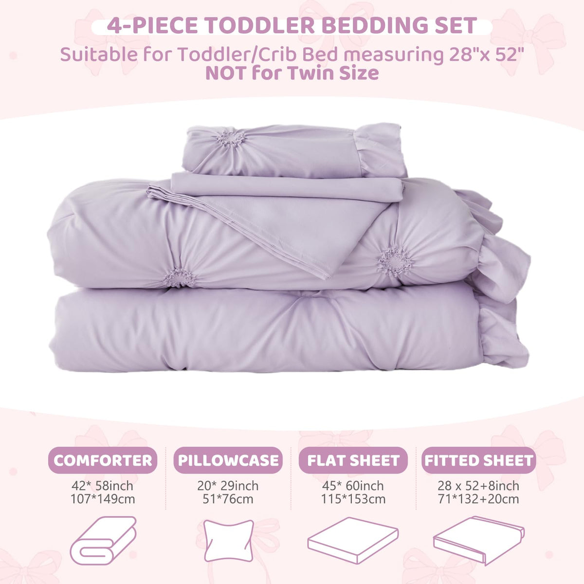 Wowelife Princess Toddler Bedding Set for Girls, 4 Piece Ruffles Jacquard Embroidery Toddler Bed Sheets with Boho Toddler Comforter, Fitted Sheet, Flat Sheet and Pillowcase, Purple
