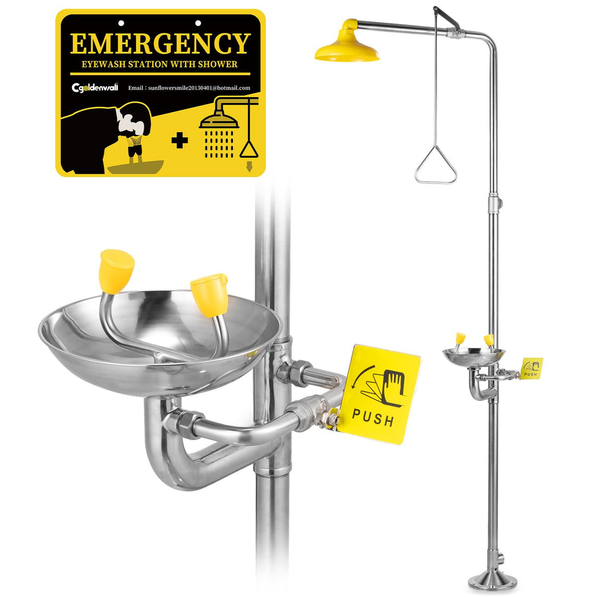 CGOLDENWALL Emergency Shower Eye Wash Station Combination Eye Wash Station with Shower Safty Shower, NPT Thread, with Emergency Sign, 304 Stainless Steel Bowl