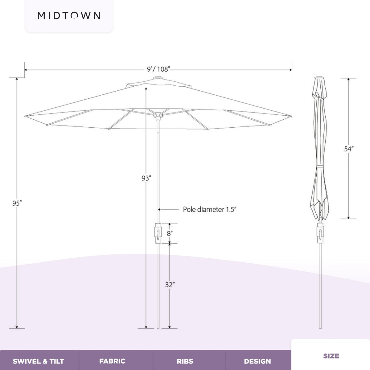 Midtown Umbrellas – The Swilt 9 Ft Patio Umbrella with 360° Swivel & Tilt Mechanism, Sunbrella Fabric & 8 Fiberglass Ribs – Outdoor Umbrella for Deck, Pool & Cafes – Black & White Canopy, Black Pole