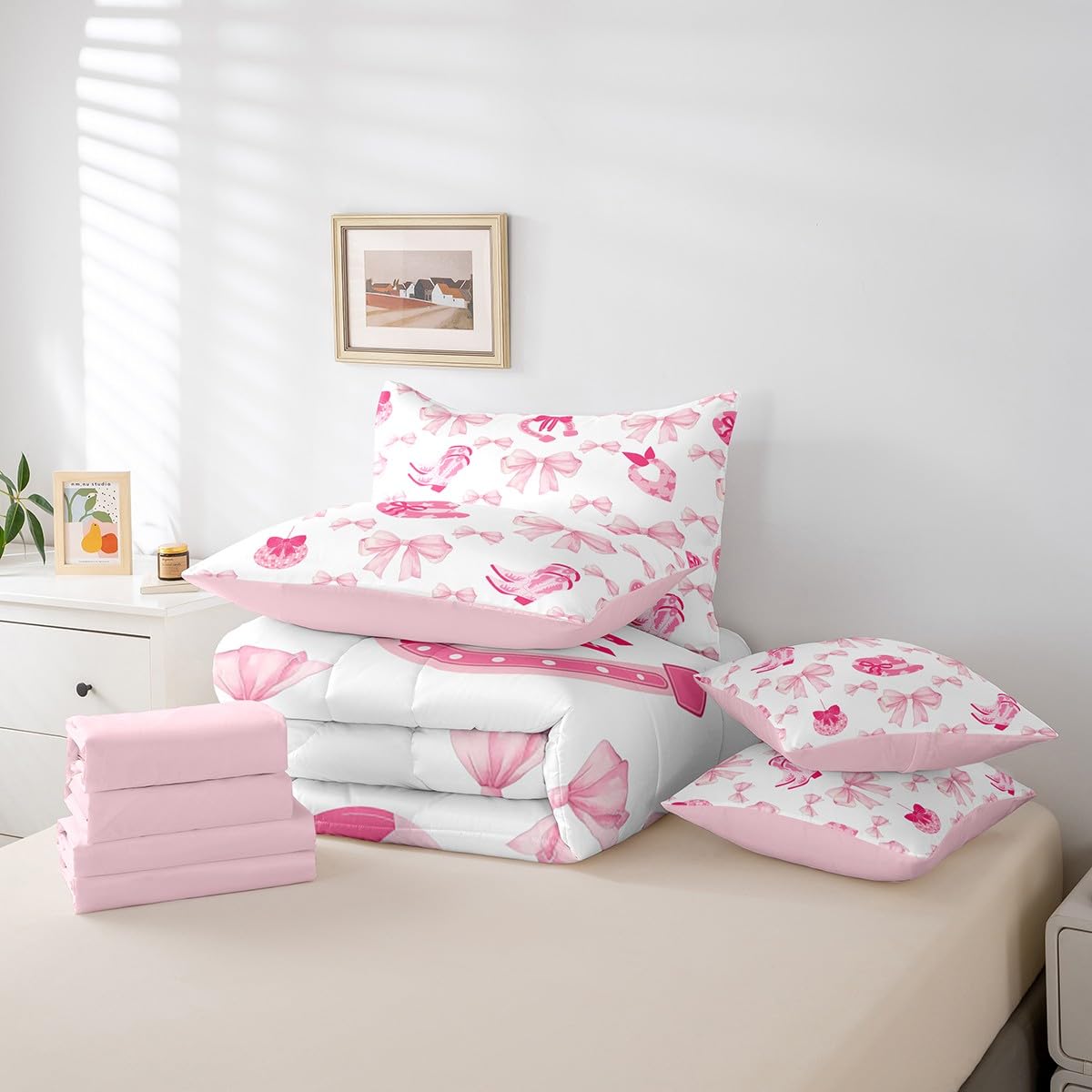 Erosebridal 7 Piece Western Cowgirl Comforter Set King Bed in a Bag,Pink Bowknot Bow Bedding Set for Girls Women,Rustic Farmhouse Quilt,Vintage Cowboy Hats Boots Duvet Set,Funky Disco Ball Sheet Set