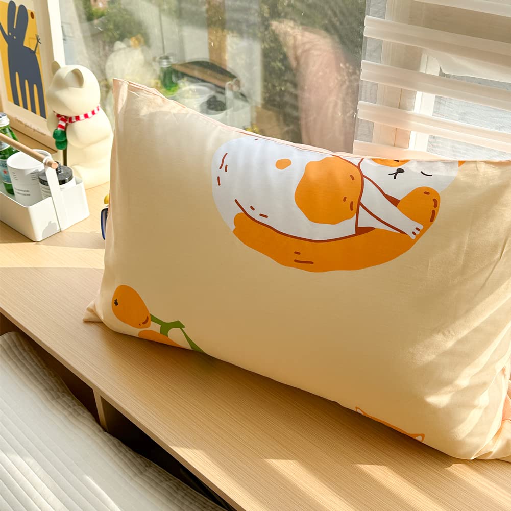 LIWHENHAO Cats Duvet Cover Set Queen 100% Cotton Bedding Cartoon Cute Cat on Orange 1 Kawaii Animal Comforter Cover Full Zipper Closure 2 Pillowcases for Kids Girls Boys Woman