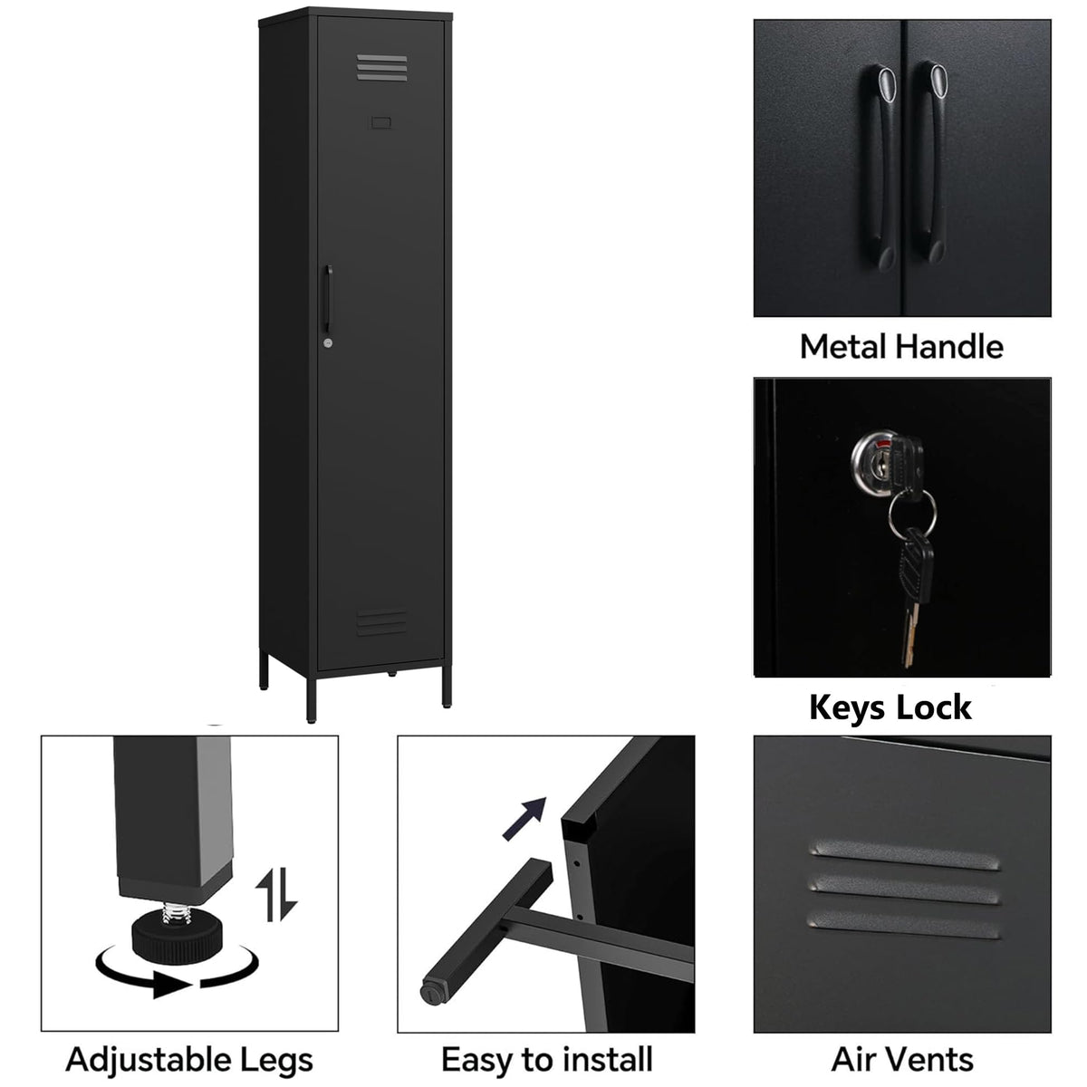 Elitehouse Tall Single Door Metal Locker with Adjustable Shelves, Black Tall Metal Locker Storage Cabinet，Easy Assembly for Living Room （15.8”W x 15”D x 70.9”H ）