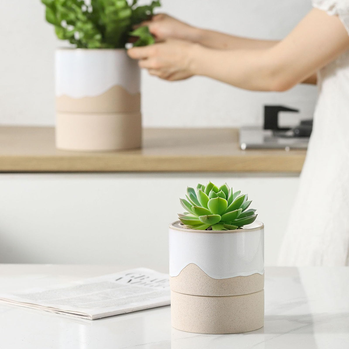 Nihow Self Watering Plant Pot for Indoor Plants: 4.5+6 Inch Ceramic Planter with Drainage Hole & Water Storage Plus - Cylinder Flower Pot with Wick for Herbs -White & Nature