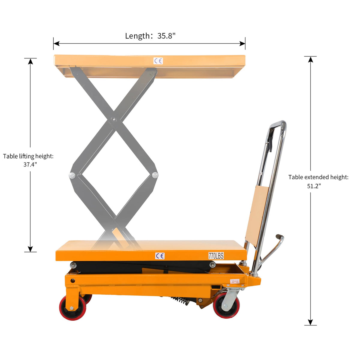 APOLLOLIFT Hydraulic Lift Table Cart, 770lbs Capacity 51" Lifting Height, Double Scissor Lift Table with 4 Wheels and Safety Back Guard for Material Handling and Transportation