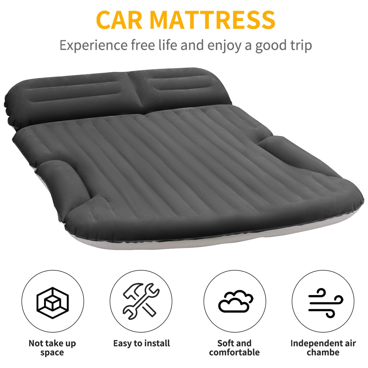 KMZ SUV Air Mattress Thickened and Double-Sided Flocking Travel Camping Bed with 2 Pillows & Electric Pump Dedicated Mobile Cushion Inflatable Bed for SUV Trunk and Rear Seat (Dark Gray)