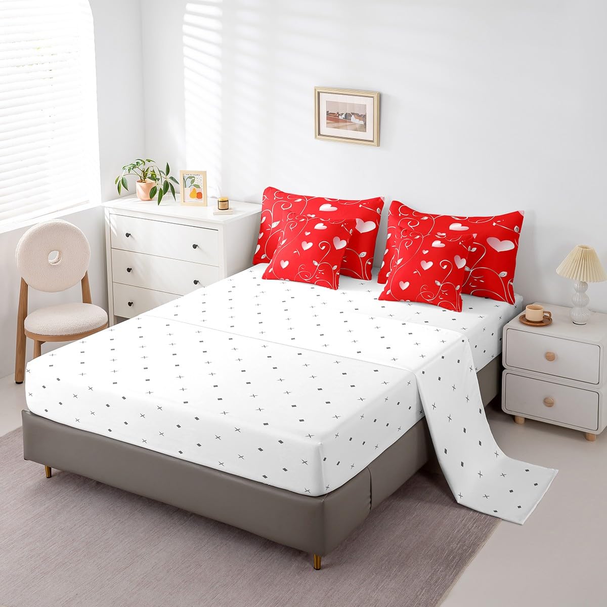Erosebridal Valentine Day Queen 7 Piece Comforter Set with Sheets - Coquette Romantic Love Bedding Sets with Fitted + Flat Sheet, Pillowcases for Kids Girls Women Couples Valentines Bedroom Decor