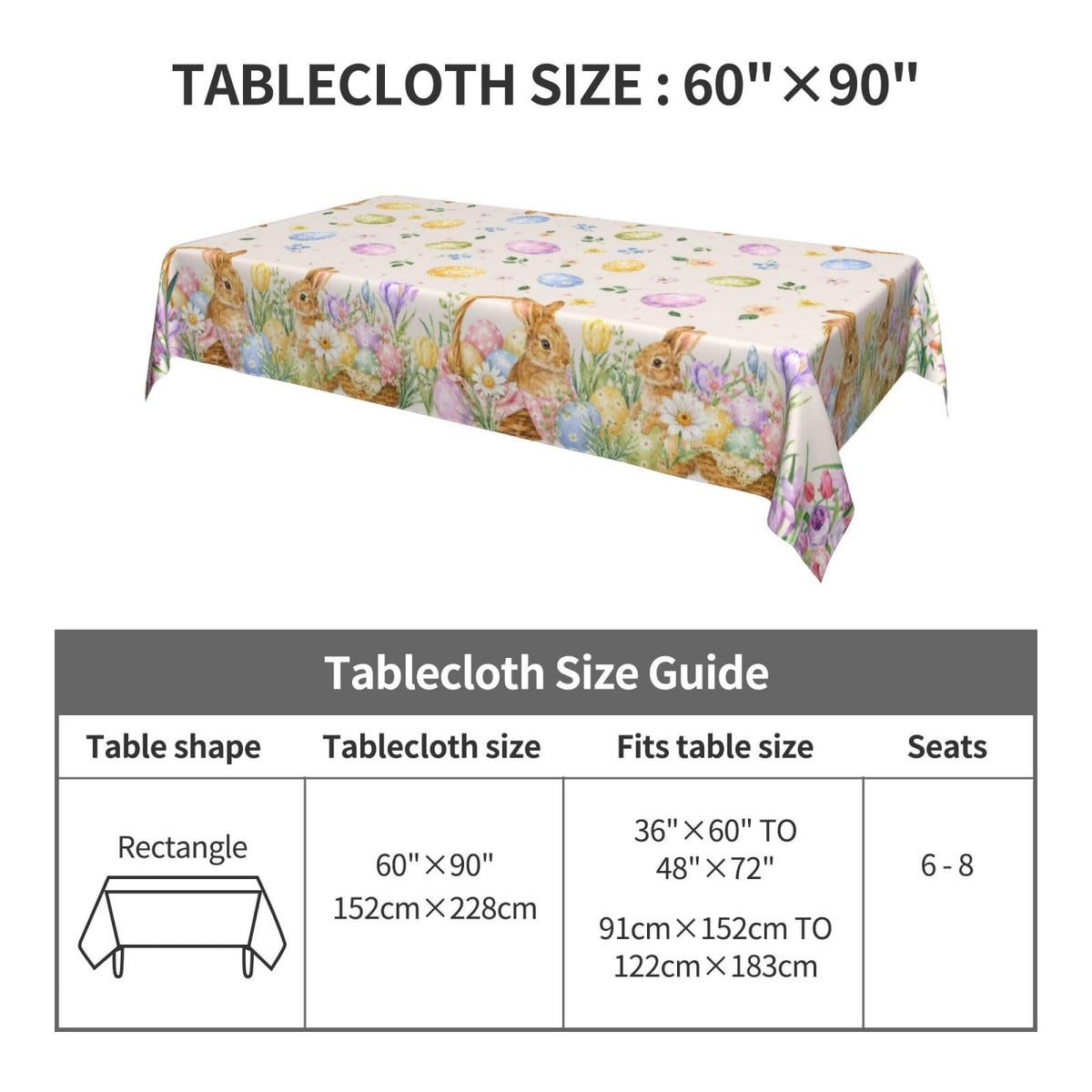 mutakin Easter Eggs Tablecloth Bunny Egg Rectangle Table Cloth Washable Table Cover Waterproof for Decoration Kitchen Dining Room 60x90 Inch