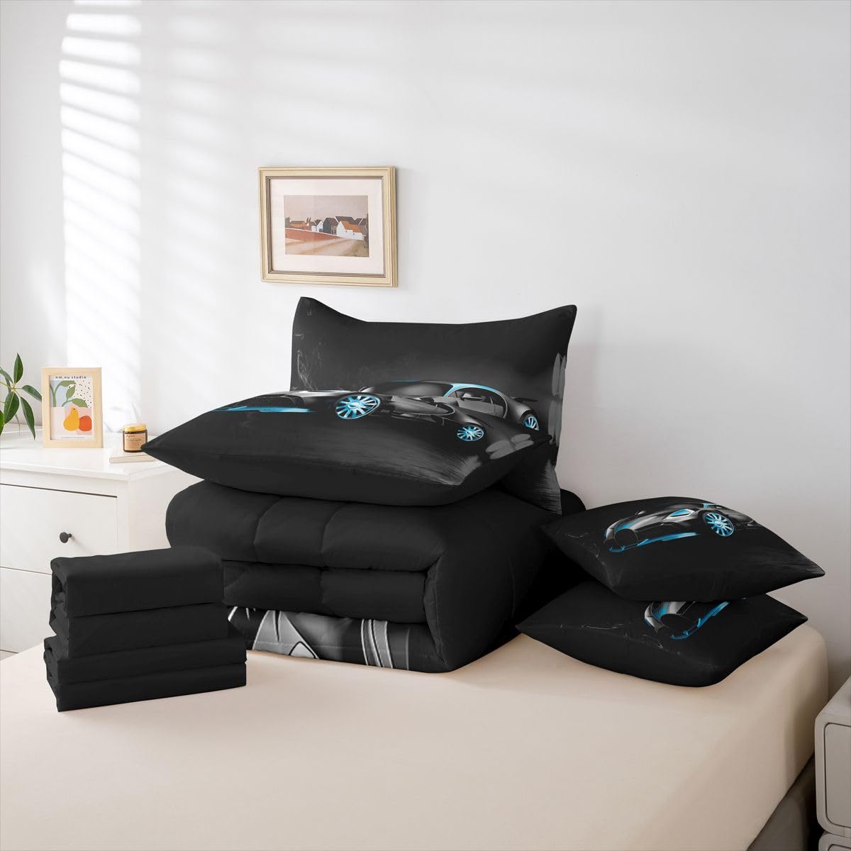 Sports Car 7 Piece Bedding Set Stylish Black Race Car Comforter Set with Sheets for Kids Boys Girls Extreme Sports Theme Bed in a Bag Cool Speed Luxury Car Decor Bed Set with 1 Pillowcase Twin