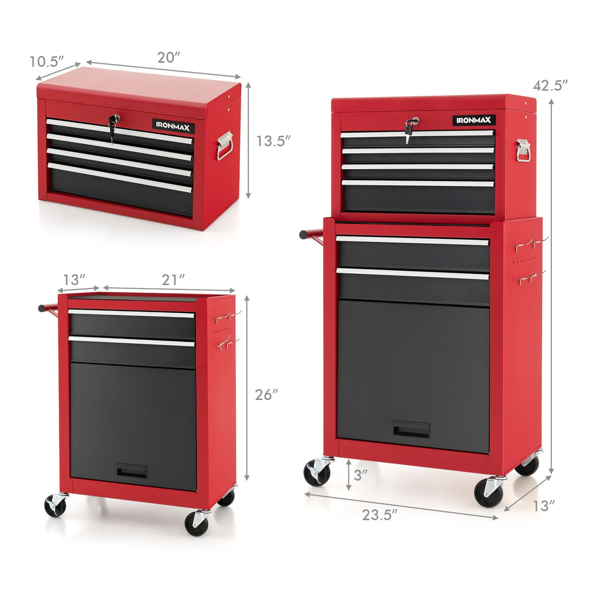 ERGOMASTER Rolling Tool Chest Cabinet Big Capacity Storage with Wheels and Lock Key, Portable Tool-Box Organizer with Sliding Drawers - 6 Drawers & BlackRed