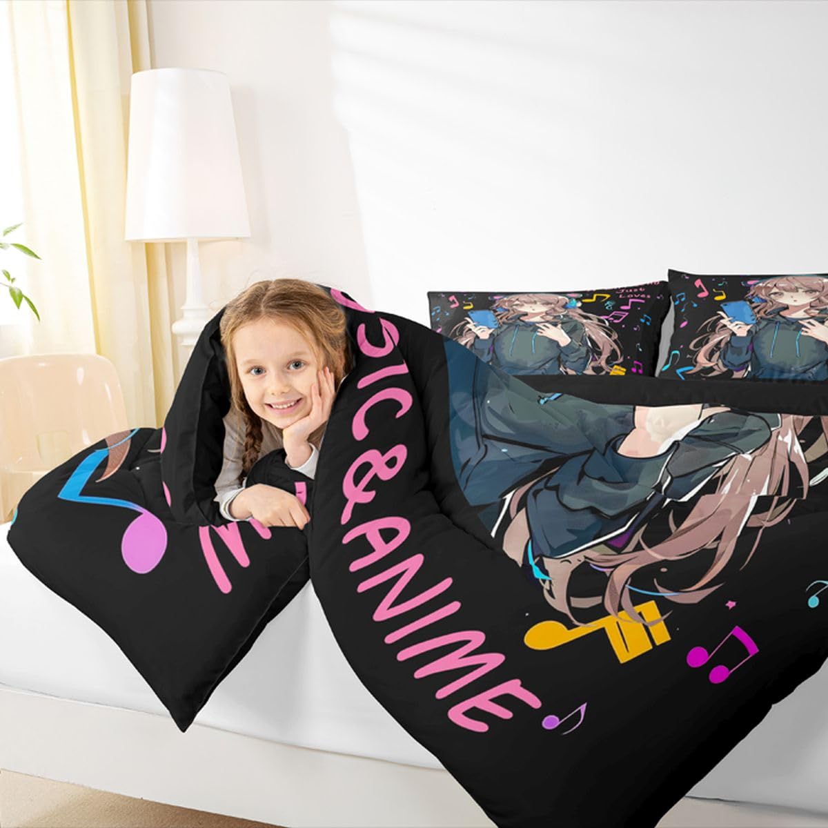 Erosebridal Pink Anime Girl Full Bedding Set,Music Note Comforter Set Anime Gifts for Kids Teen Girls,Musical Themed Quilt Bed Set Japanese Anime Bedding Comforter Sets,2 Pillowcases Room Decor