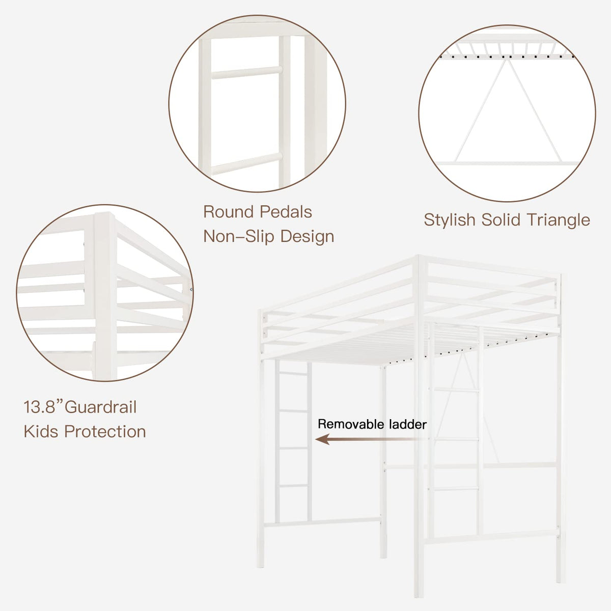 ikalido Metal Loft Bed Twin Size with Safety Guardrail and Ladder, No Box Spring Needed Space Saving Bedroom Furniture,Cream White