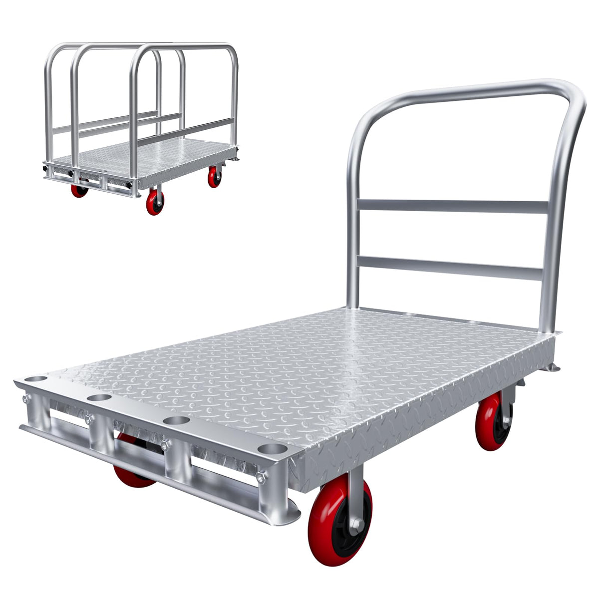 2IN1 Steel Panel Cart Dolly – Large Heavy Duty Drywall Lumber Truck Cart with 2700 LBS Capacity, 40 x 24 Inch 2.2MM Steel Plate, 6.3" Swivel Brake Wheels, 1 Front & 3 Side Handrails