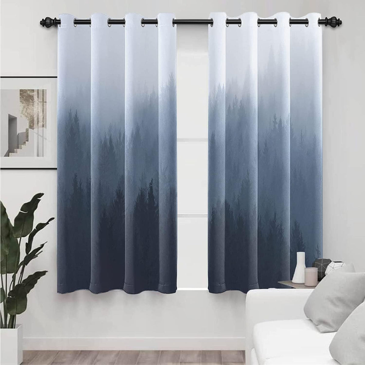 AWERT Blackout Curtains for Bedroom Navy Blue Ombre Forest Window Drapes 2 Panels for Living Room Heat Blocking 21x63inch