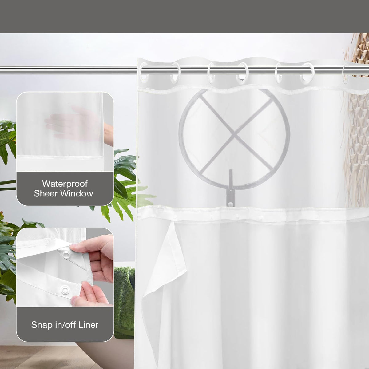 DASHAN No Hook Shower Curtain with Snap in Liner, Green Leaf Shower Curtains for Bathroom, Botanical Bath Curtain Sage Green Plant Fabric Bathroom Curtains 71"x74"