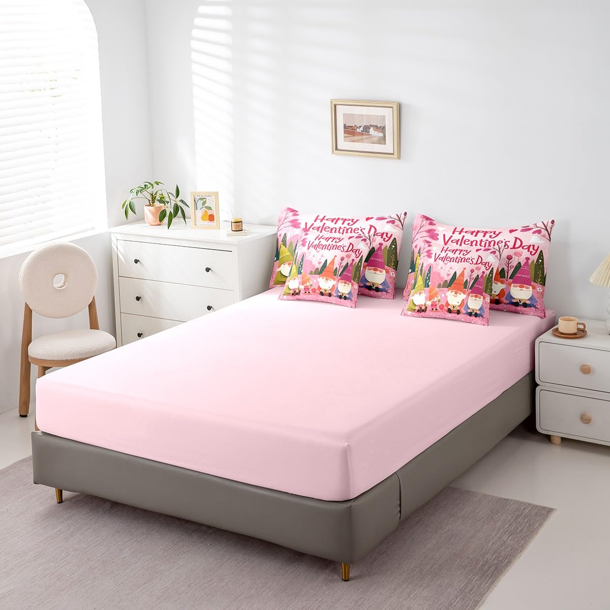 Erosebridal Happy Valentines Day Gnomes Queen 7 Piece Bedding Set - Cute Gnome Kids Comforter Sets with Sheets for Girls Boys, Romantic Pink Love Heart Print Bed in a Bag with Fitted + Flat Sheet