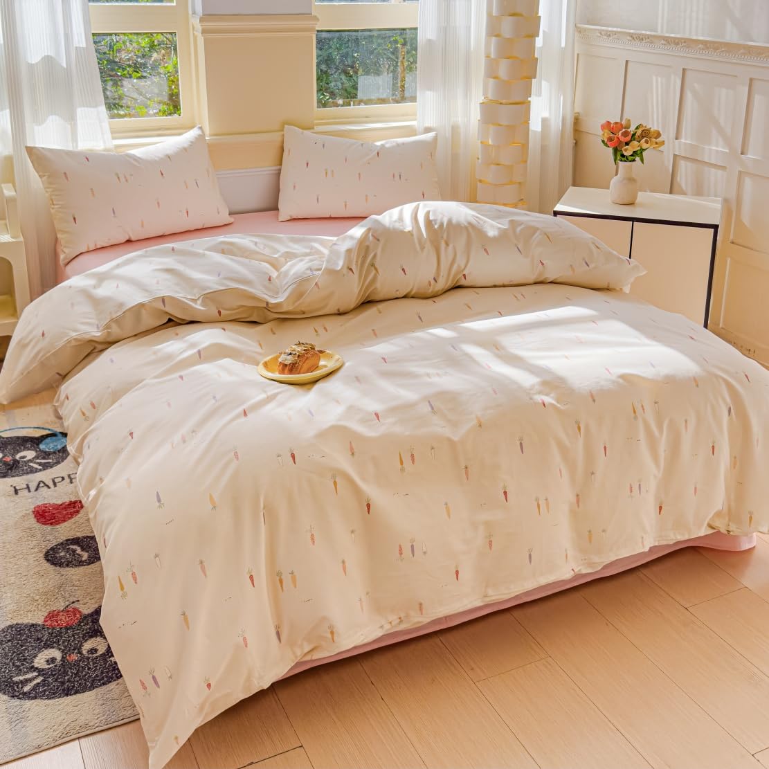 LIWHENHAO Duvet Cover Set Twin 100% Cotton Bedding Cartoon Cute Colorful Carrot Print on Cream White 1 Farmhouse Style Beige Comforter Cover Zipper Closure 2 Pillowcases for Kids Girls Boys
