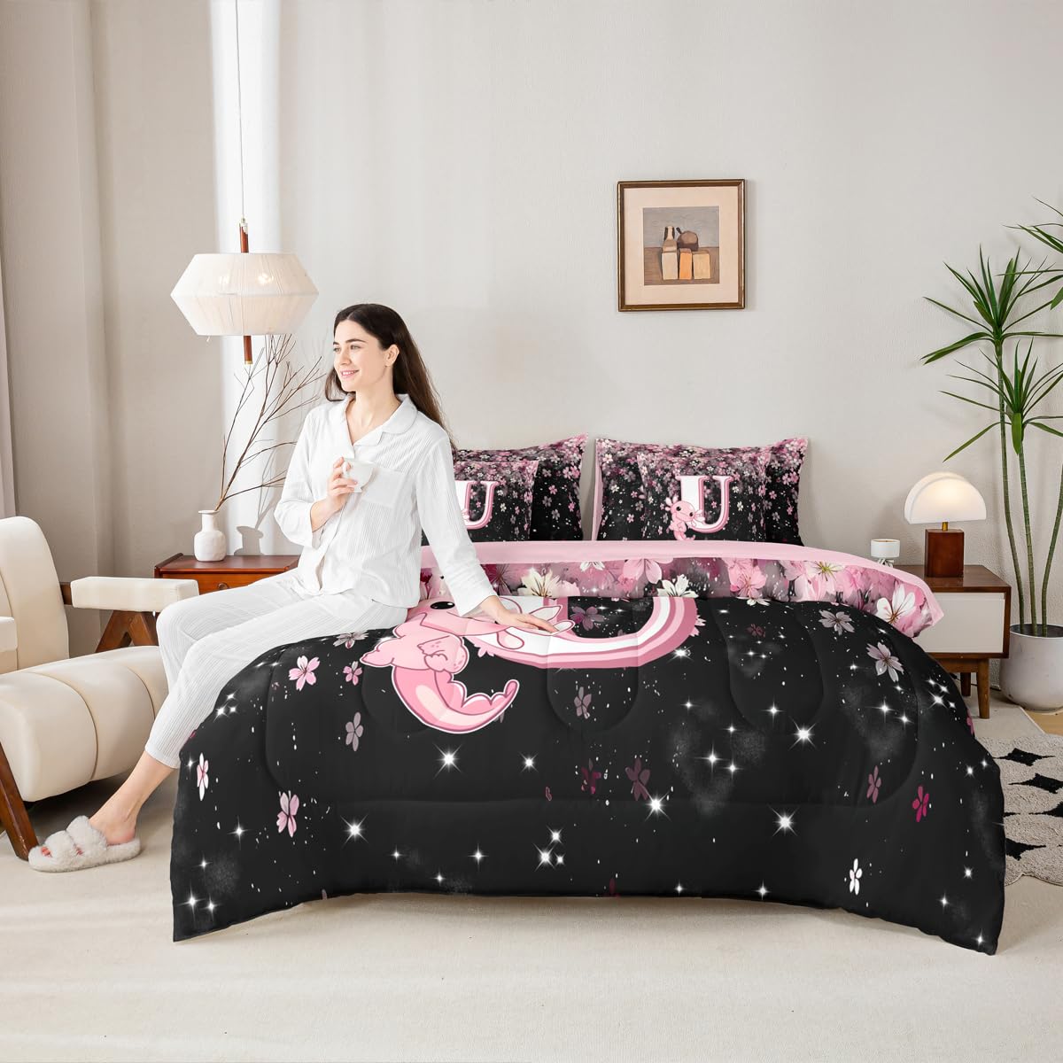 Erosebridal Pink Axolotl Bedding Set for Teen Girl (Pink Black,7Pcs,Twin Size) - Cute Initial Letter U Bed in A Bag Cherry Blossom Comforter Set Girly Preppy Cute Axolotl Quilt with Initial Design