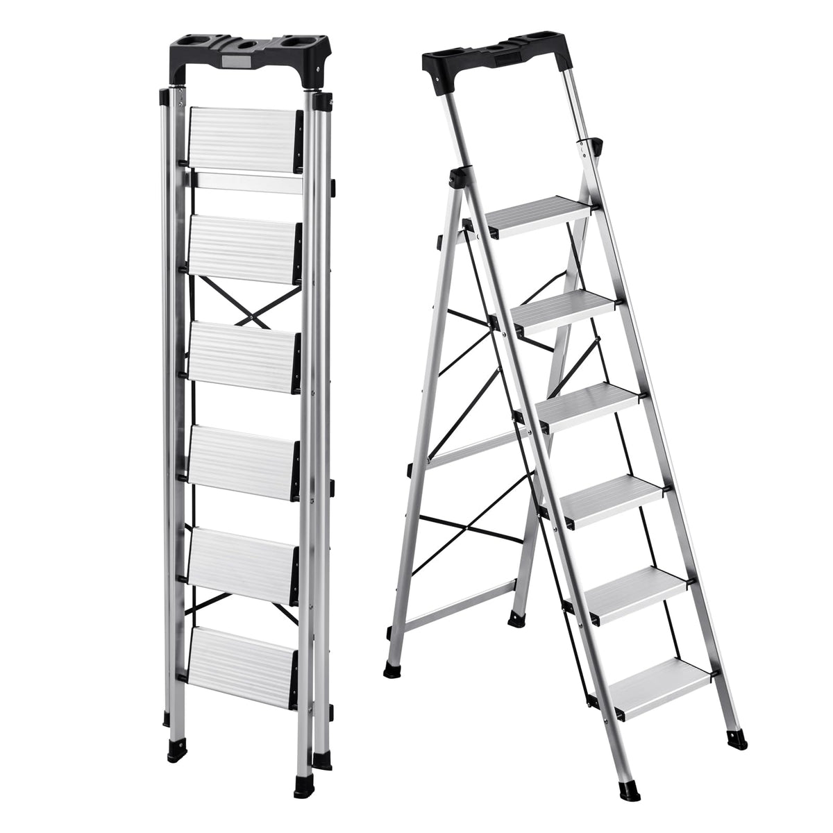 VEVOR 6 Step Ladder, Folding Step Stool with Wide Anti-Slip Pedal and Comfort Handgrip, 330 lbs Capacity Portable Aluminum Stepladder, Multi-Use for Kitchen, Warehouse, Household and Office, Silver