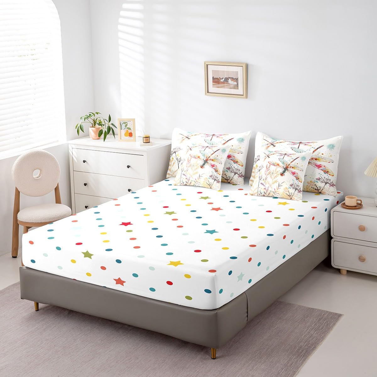 Erosebridal Dragonfly Comforter Set Queen,Wildflowers Floral Bedding Set 7Pcs for Kids Teens Adults,Tie Dye Watercolor Botanical Leaves Bed in a Bag,Aesthetic Wildlife Safari Animal Quilt