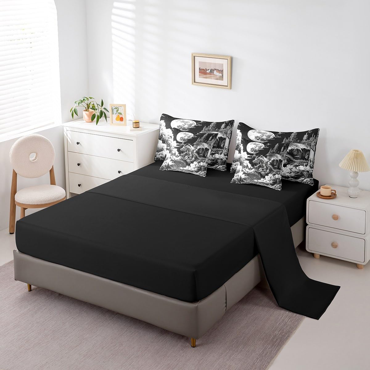 Erosebridal Ancient Castle Comforter Set King,Magical Dragon Bedding Set 7Pcs for Kids Teens Adults,Gothic Horror Midnight Bed in a Bag