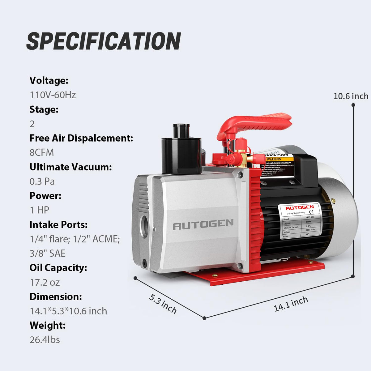 2-Stage 8CFM Vacuum Pump, 1HP 2.25 Micron 110V Air for R12 R22 R134a R410a, Rotary Vane for HVAC/AUTO AC Refrigerant Recharging, Degassing Wine, Milking Cow