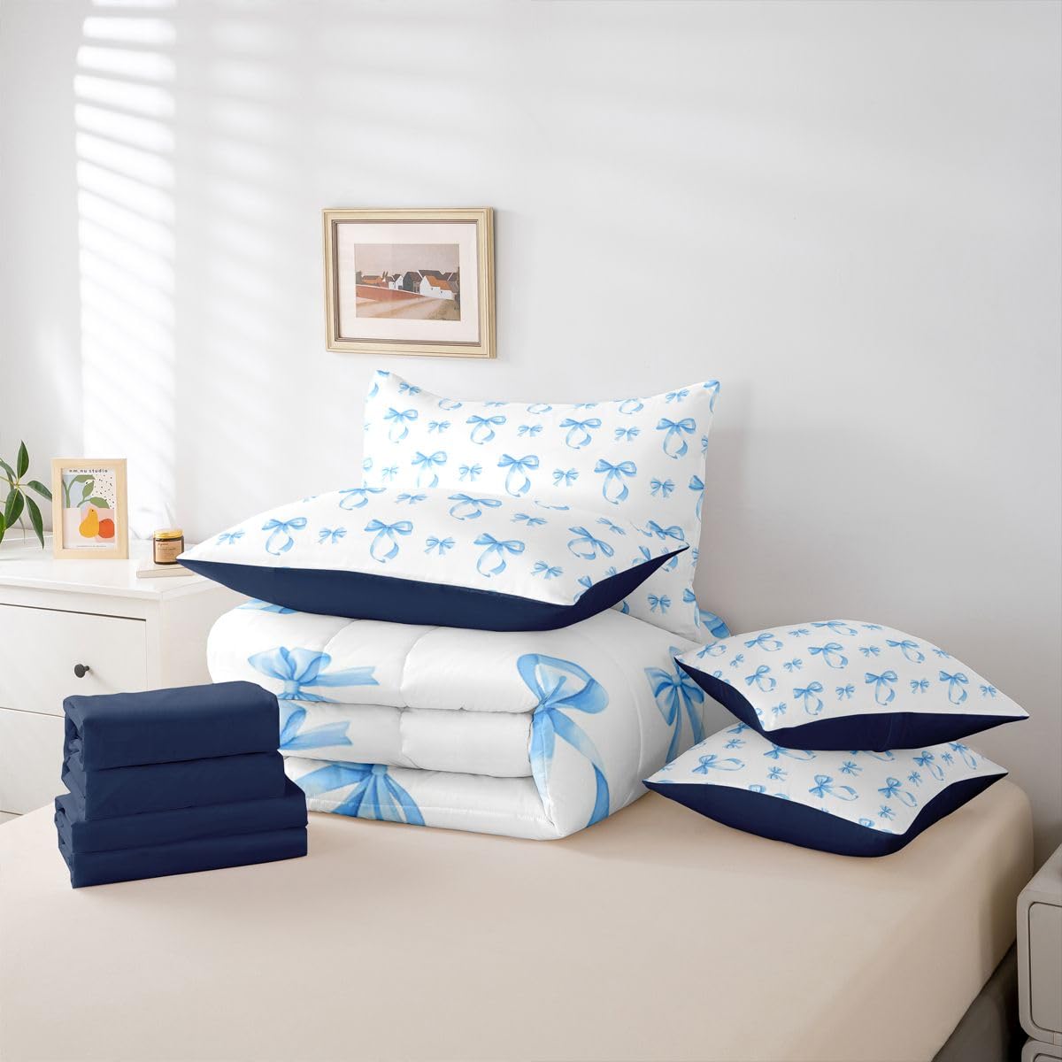 Erosebridal Cute Ribbon Bowknot Full Size Comforter Set,Bows 7-Piece Bed in A Bag,Blue Princess Sheets and Pillowcases,Modern Simple Bow Knot Bedding Set Room Decor