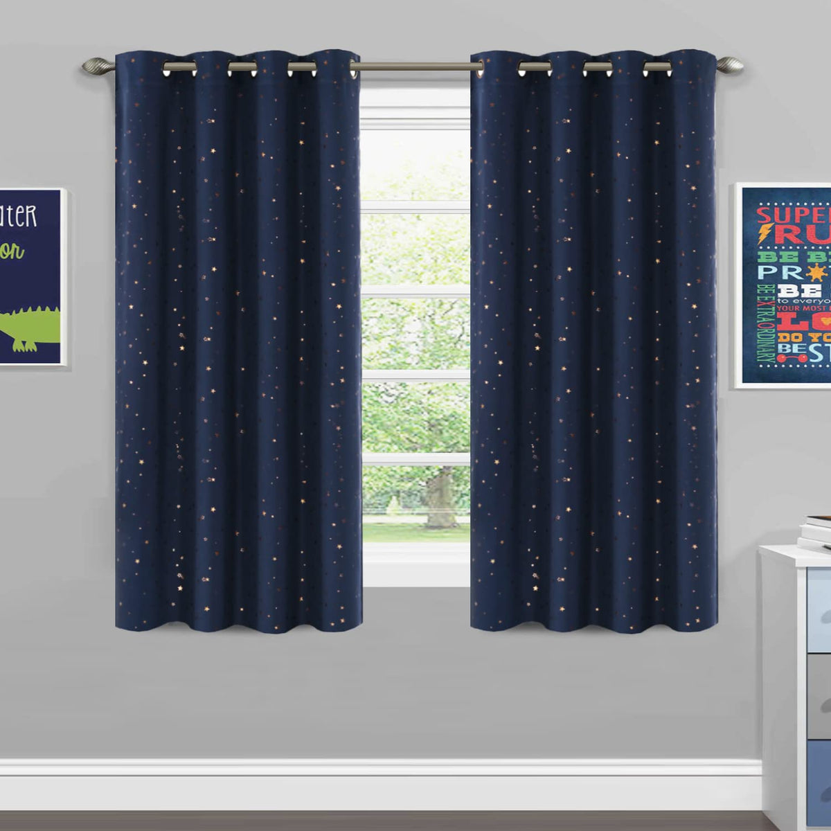 H.VERSAILTEX Blackout Star Curtains for Kids Room Boys Girls Twinkle Stars Thermal Insulated Cute Thick Soft Curtain Drapes, Grommet Top, 1 Panel, 52" W x 63" L, Navy/Bronze