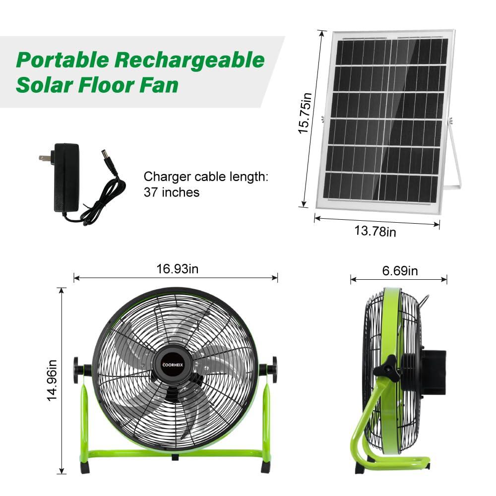 COORHEIX 12'' Solar Powered Floor Fan Rechargeable, 18000mAh Battery Operated Fan 5-Blade Portable Outdoor Fan 360° Tilt for Outside, Greenhouse, Camping, Shed