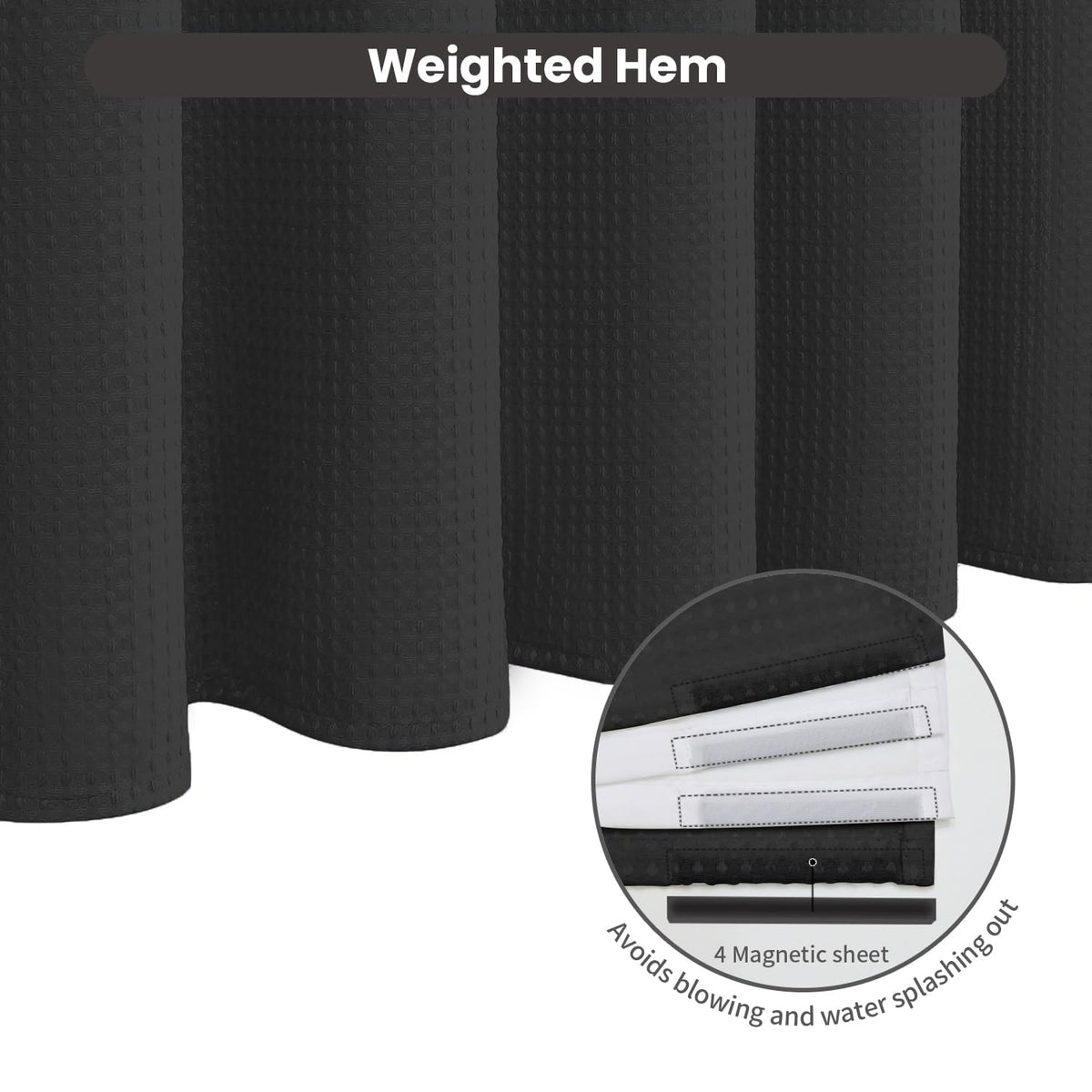 Inhousolu No Hook Shower Curtain with Removable Snap-in Liner, Waffle Weave 230 GSM Polyester, Weighted Hem, Water Repellent Washable, 72 x 72 Inch, Black