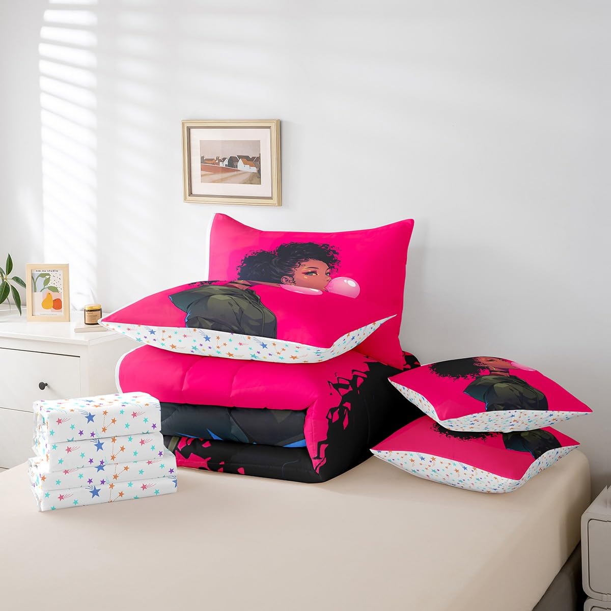 jejeloiu Kids Cool Black Girl Comforter Set 7 Pieces Full Size African American Girl Bedding Set for Boys Girls Pink Bed in a Bag with Comforter, Sheets, Pillowcases & Cushion Covers（No Glitter）