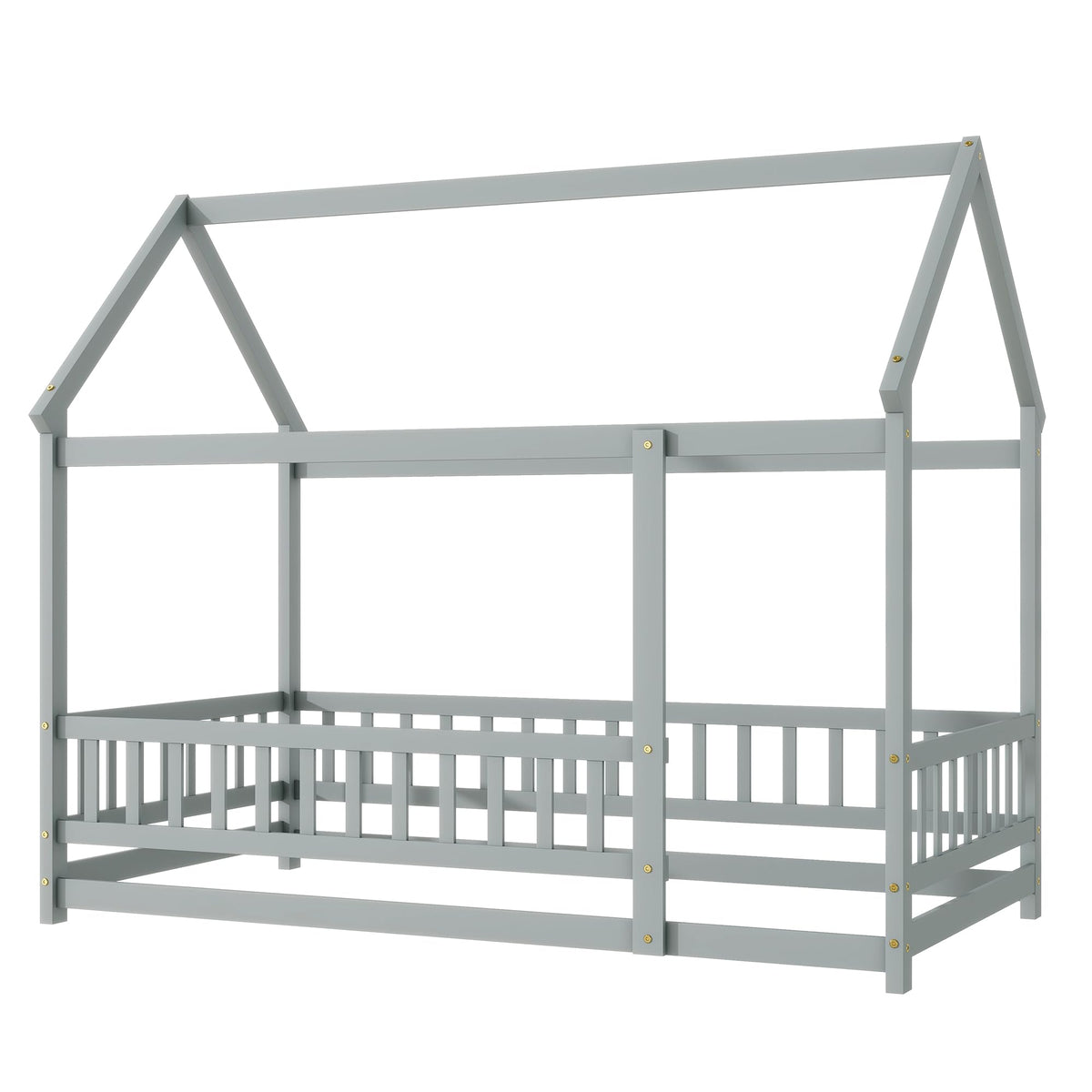 PVWIIK Twin Montessori Floor Bed with High Rails & Roof for Kids Bedroom,High Rails Bed Frame with Fence,No Box Spring Needed, Grey