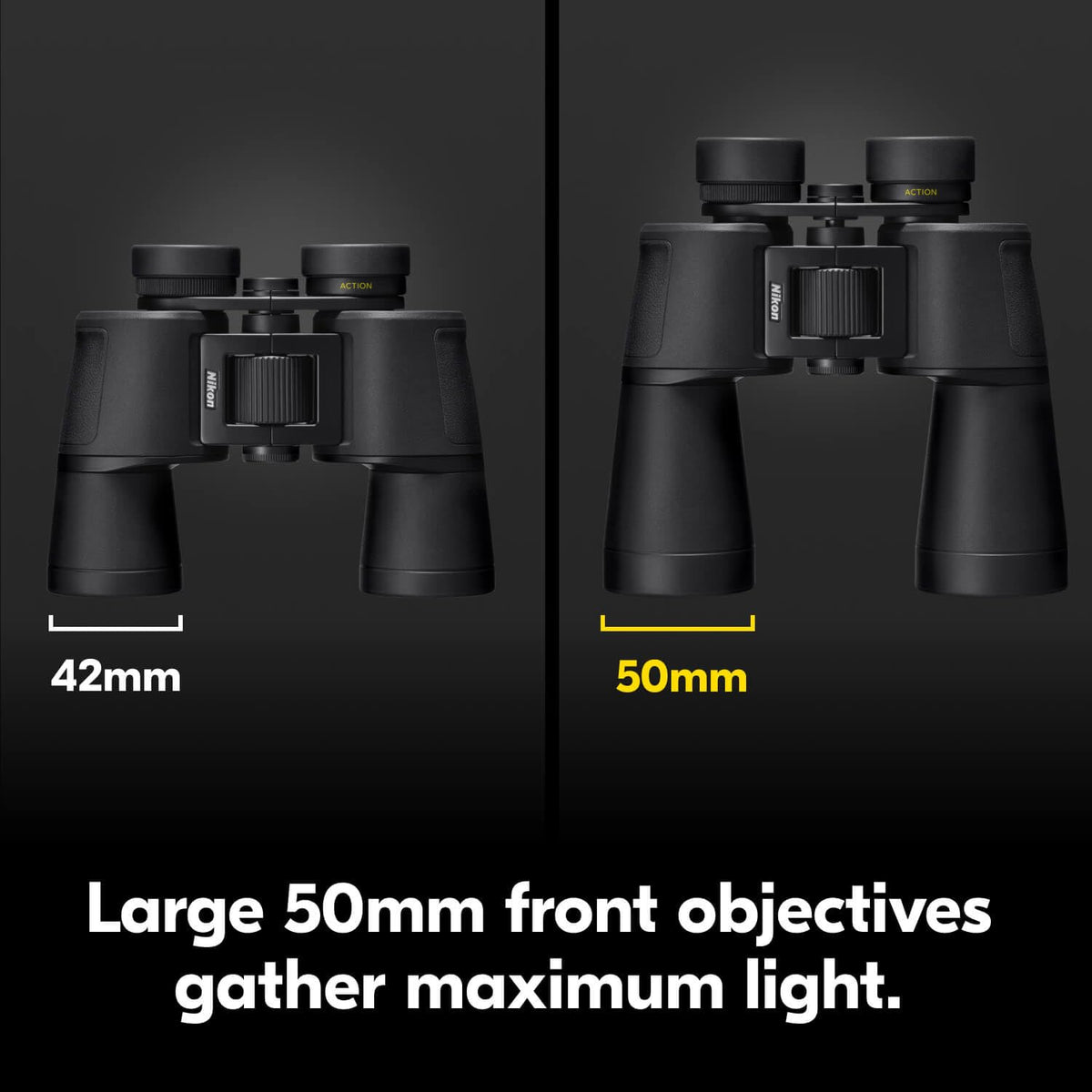 Nikon Action 12x50 Binocular | Multilayer-Coated Nikon Optics, high-Power 12x Magnification, Bright 50mm Objective Lenses, Turn-and-Slide Adjustable eyecups and Tripod-Ready Porro-Prism Design