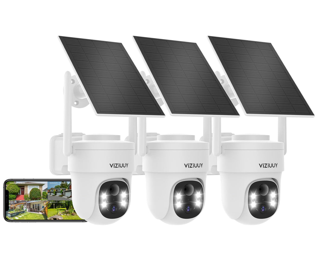 VIZIUUY Solar Security Cameras Wireless Outdoor, 3MP Pan/Tilt 360°View Solar/Battery Powered WiFi Camera with Color Night Vision/PIR Sensor/2-Way Audio/Alexa(3 Pack)
