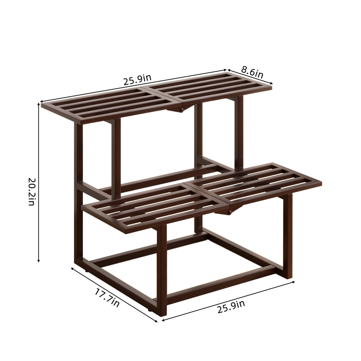 Rioneta Plant Stand Indoor Outdoor, Foldable Metal Plant Shelf for Multiple Pots, Mid Century Slatted Bench for Patio Garden, Heavy Duty Capacity 330 lbs 2 Tier Coffee