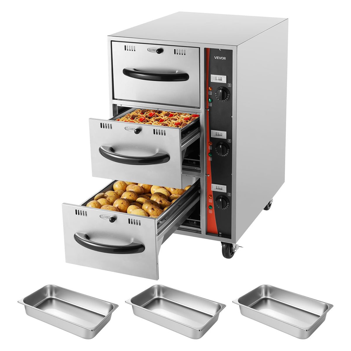 VEVOR Commercial Electric Drawer Warmer, Three-Drawer Stainless Steel Food Warmer, Freestanding Compact Warming Drawer Cabinet, 85°F–185°F Wide Temperature Range, for Restaurant, Hotel Buffet & Bakery
