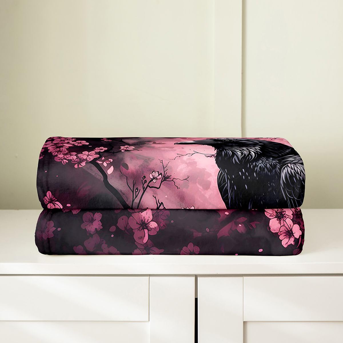 Feelyou Crow Plush Throw Blanket Halloween Themed Flannel Blanket Throw 50"x60" Cherry Blossoms All Season Trick or Treat for Couch Bed Sofa Goth Bedroom Decor