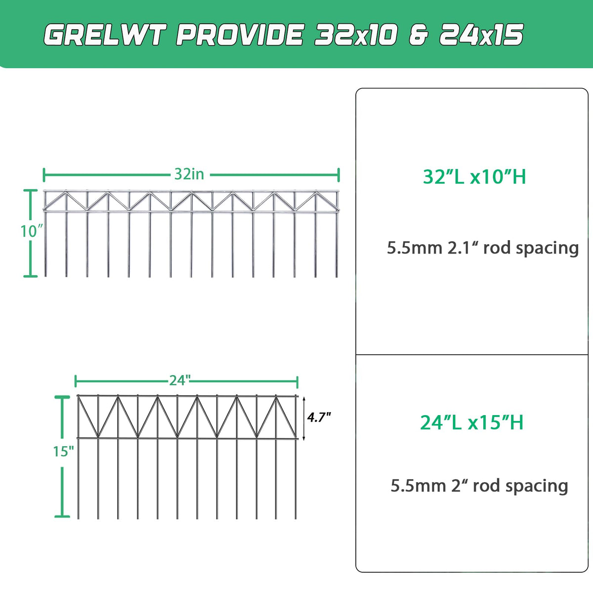 GRELWT 15 Pack 32" L x 10" H Animal Barrier Fence, No Dig Fence Patented Product, 5.5mm Galvanized Stakes with 2.1" Spacing, Anti Digging for Dogs Outdoor Yard Patio, Total 40Ft(L) X 10in(H) Silver