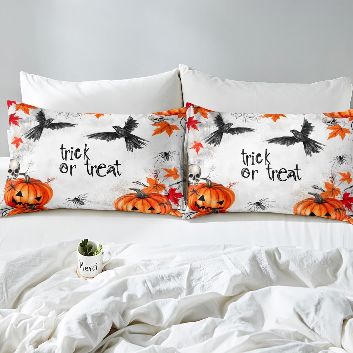Feelyou Kids Halloween Bed Sheet Set Full Size, Pumpkin Fitted Sheet Boys Girls Trick or Treat Bedding Set Spider Web Teens Bedroom Decor (2 Pillow Cases and a Fitted Sheet)