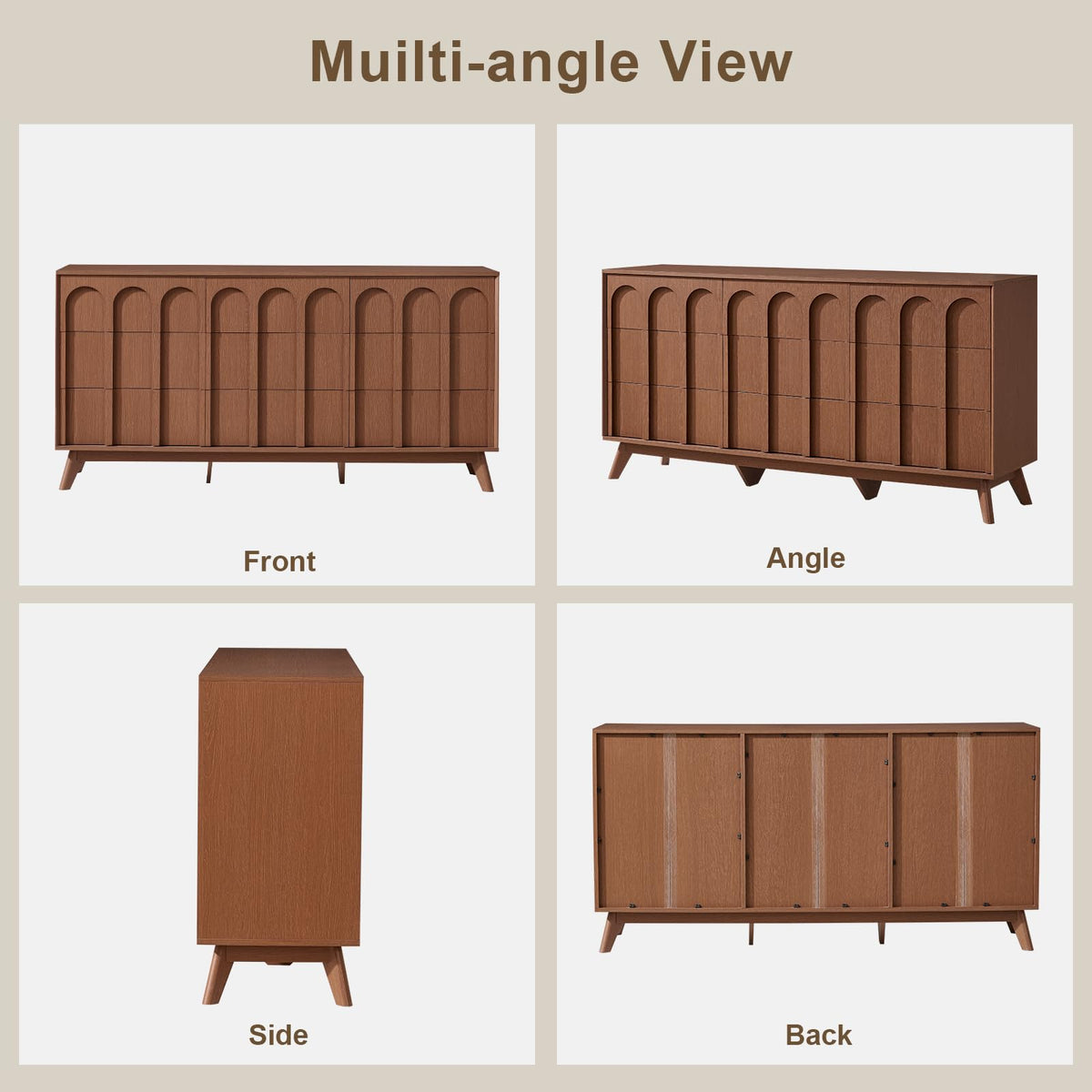 Oak&Sparrow Mid Century Modern Dresser for Bedroom, Walnut 9 Drawer Dresser with Arched Front, 63'' Wide Chest of Drawers Wood Storage Organizer for Living Room