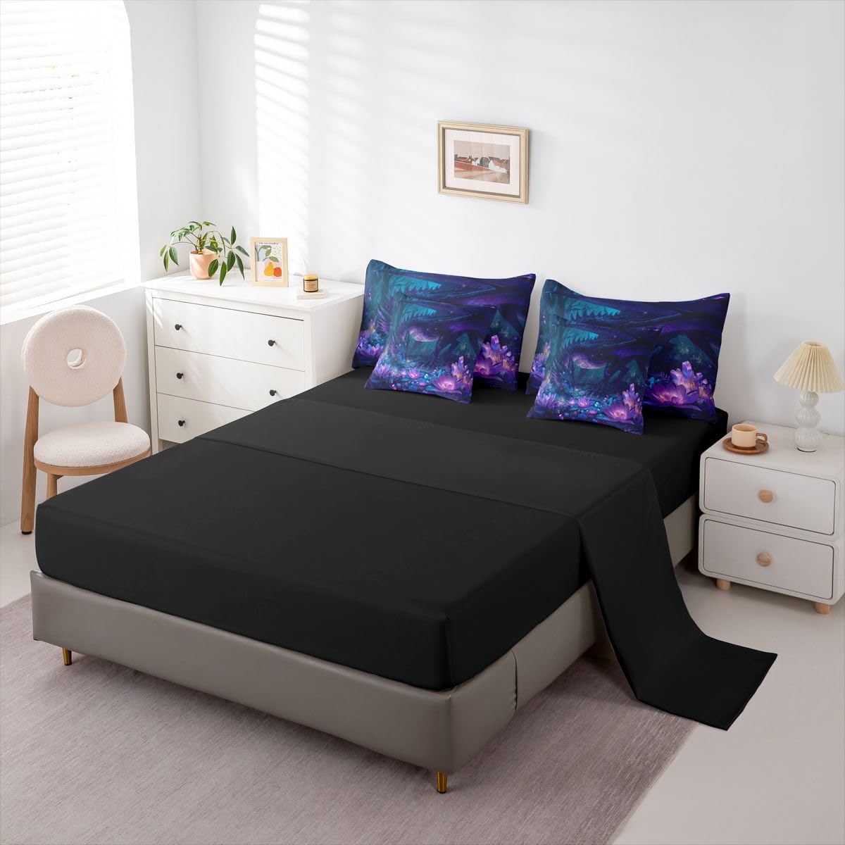 Feelyou Dragon Comforter Set with Sheets 7 Piece Twin Size Dragon Stuff Bedding Set for Kids Boys Girls Wild Life Bed in a Bag Magic Wildlife Room Decor Purple and Black Soft Lightweight Microfiber